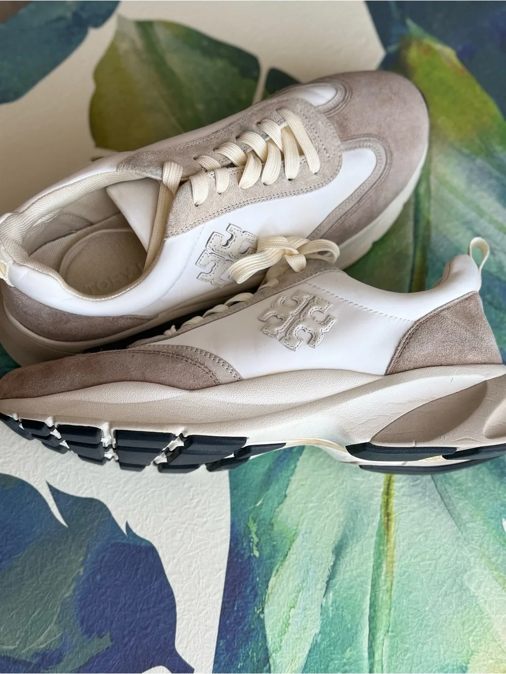 Tory Burch Cream & Taupe Suede Leather Platform Sneakers